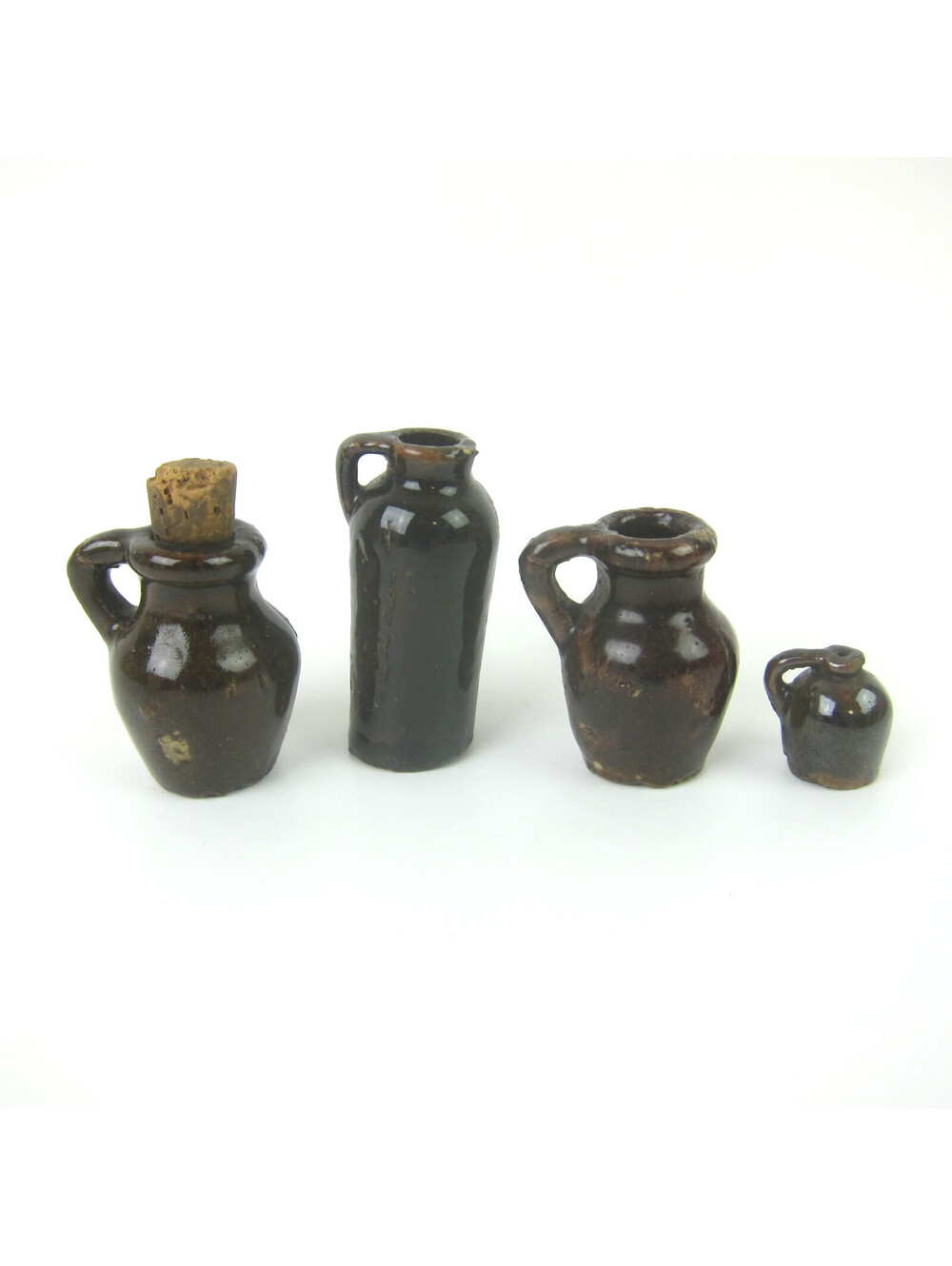Antique Miniature Doll House Kitchen Pottery Brown Pitcher Jug Vessels Set of 4